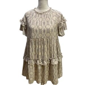 Roolee Dress Womens S Beige Blue Purple‎ Floral Short Sleeve Ruffle Lined Tiered